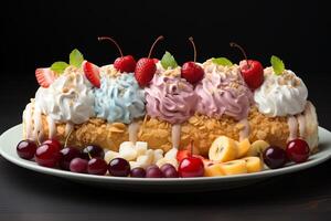 A delicious Banana split ice cream dessert with chocolate syrup. Banana split ice cream dessert by photo
