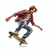 A caucasian man doing tricks or jumping on a skateboard at the street. Young man with skater jumping concept by photo