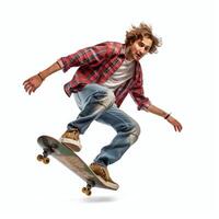 un caucásico hombre haciendo trucos o saltando en un patineta a el calle. joven hombre con patinador saltando concepto por ai generado foto