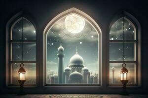 Eid mubarak and ramadan kareem greetings with islamic lantern and mosque. Eid al fitr background. Eid al fitr background of window concept by AI Generated photo