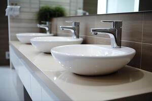 Modern public bathroom with row of white ceramic wash sink basins and faucet with mirror in restroom concept by photo