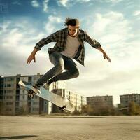 un caucásico hombre haciendo trucos o saltando en un patineta a el calle. joven hombre con patinador saltando concepto por ai generado foto