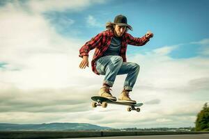 un caucásico hombre haciendo trucos o saltando en un patineta a el calle. joven hombre con patinador saltando concepto por ai generado foto