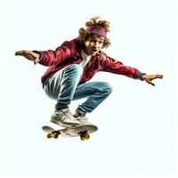 un caucásico hombre haciendo trucos o saltando en un patineta a el calle. joven hombre con patinador saltando concepto por ai generado foto