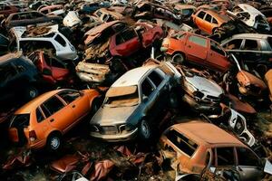 oxidando antiguo basura carros con ambiente contaminación en depósito de chatarra para reciclaje. abandonado coche residuos concepto por ai generado foto