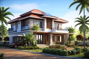 Beautiful modern house exterior with carport. Modern residential district and minimalist building concept by AI Generated photo