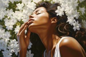 a beautiful Afro-Latina woman with a dark tan enjoying her time in a garden, surrounded by white flowers. She is leaning on a tree and looking up, possibly gazing at the sky or a flower above her. photo