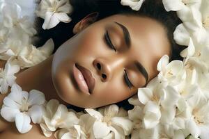 a serene scene of a woman in a relaxed state, with a gentle scattering of flowers or petals on her face and arm. Her eyes are closed, and she appears to be enjoying a moment of calm and tranquility. photo