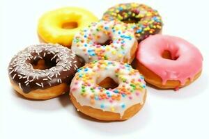 Colorful and tasty various donuts with colorful sprinkles sugar. Delicious dessert donuts background concept by AI Generated photo