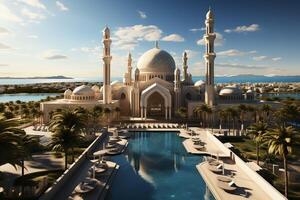 Awesome buildings of mosque in ramadan vibes. Ramadan kareem eid mubarak islamic mosque concept by AI Generated photo