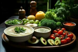 un delicioso vegetales sopa comida en un bol. invierno comida y alto proteína sopa comida concepto por ai generado foto