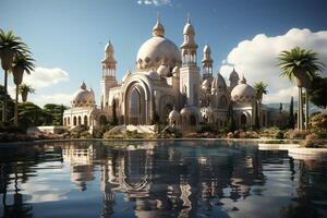 Awesome buildings of mosque in ramadan vibes. Ramadan kareem eid mubarak islamic mosque concept by AI Generated photo