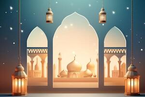 Eid mubarak and ramadan kareem greetings with islamic lantern and mosque. Eid al fitr background. Eid al fitr background of window concept by AI Generated photo