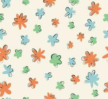 Orange, Blue, Green Flowers Seamless Pattern, Flat Summer Floral Design For Textile Print, Simple Vector Floral Illustration