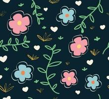 Multicolor Floral Seamless Pattern Isolated On Dark Blue Background, Simple Botanical Design For Textile Print, Wallpaper vector