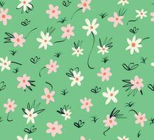 White Flowers Seamless Pattern Isolated On Green Background, Minimal Summer Floral Background Design For Textile Print, Wallpaper vector