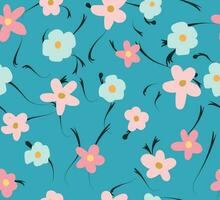 Floral Seamless Pattern, Flat Summer Flowers, Colourful Modern Floral Texture For Textile Print, Isolated In Blue Background vector