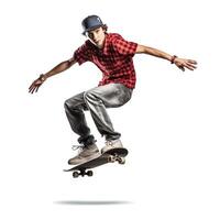 A caucasian man doing tricks or jumping on a skateboard at the street. Young man with skater jumping concept by AI Generated photo