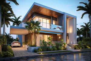 Beautiful modern house exterior with carport. Modern residential district and minimalist building concept by photo