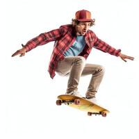 A caucasian man doing tricks or jumping on a skateboard at the street. Young man with skater jumping concept by photo