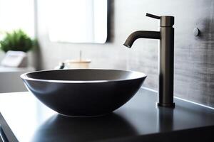 Modern public bathroom with row of white ceramic wash sink basins and faucet with mirror in restroom concept by AI Generated photo