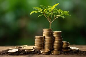 Business growth with a growing tree on a coin. Showing financial developments. Financial planning concept by AI Generated photo