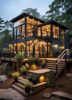 A container home building on a plot of land. 2 storey modern container house, cafe or restaurant concept by photo