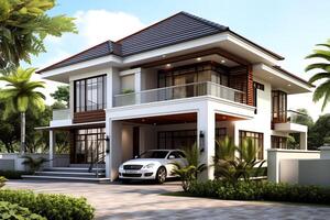 Beautiful modern house exterior with carport. Modern residential district and minimalist building concept by AI Generated photo