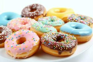 Colorful and tasty various donuts with colorful sprinkles sugar. Delicious dessert donuts background concept by AI Generated photo