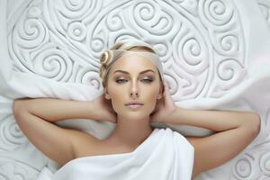 a beautiful woman with blonde hair wearing a white sheet or robe while laying down on a bed. The sheet is wrapped around her body, and she appears to be either resting or relaxing. photo