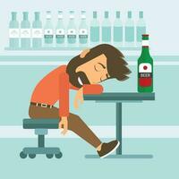 Drunk man fall asleep in the pub. Flat vector illustration