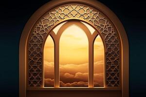 Eid mubarak and ramadan kareem greetings with islamic lantern and mosque. Eid al fitr background. Eid al fitr background of window concept by photo