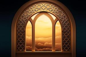 Eid mubarak and ramadan kareem greetings with islamic lantern and mosque. Eid al fitr background. Eid al fitr background of window concept by AI Generated photo