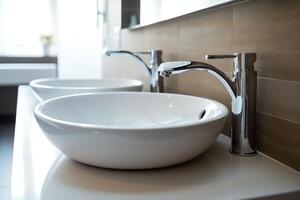 Modern public bathroom with row of white ceramic wash sink basins and faucet with mirror in restroom concept by photo