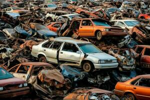 oxidando antiguo basura carros con ambiente contaminación en depósito de chatarra para reciclaje. abandonado coche residuos concepto por ai generado foto