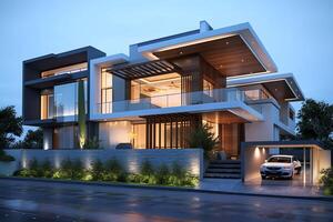 Beautiful modern house exterior with carport. Modern residential district and minimalist building concept by AI Generated photo