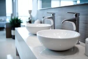 Modern public bathroom with row of white ceramic wash sink basins and faucet with mirror in restroom concept by photo