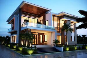 Beautiful modern house exterior with carport. Modern residential district and minimalist building concept by photo