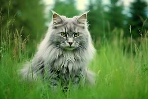 Cute cat look to the side and sitting in the garden or grass. Cat in nature habitat. Cat day concept by AI Generated photo