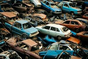 Rusting old junk cars with environment pollution in junkyard for recycling. Abandoned car waste concept by AI Generated photo