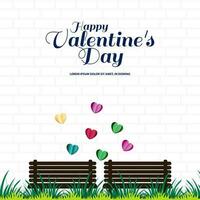 Valentine's Day design. Concept of love, empty bench on grass in the park. Holiday banner, web poster, flyer, stylish brochure, greeting card, cover. Romantic background. vector