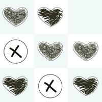Valentine's Day concept. Hand Drawn Tic tac toe game with cross and heart background. Vector illustration