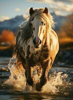 un salvaje caballo corriendo en el arroyo. salvaje o granja animales concepto por ai generado foto
