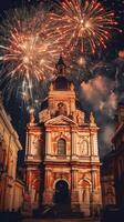 hermosa Fuegos artificiales espectáculo con paisaje urbano a noche para celebracion contento nuevo año. Fuegos artificiales monitor concepto por ai generado foto