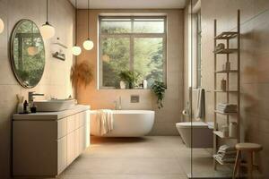 Interior design of a nice modern bathroom. 3D rendering modern toilet or bathroom in hotel or house concept by AI Generated photo