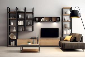 Modern apartment interior in living or bedroom design with working table, furniture, and bookshelf. Luxury home scandinavian concept by photo