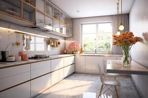 Modern kitchen interior design in apartment or house with furniture. Luxury kitchen home scandinavian concept by AI Generated photo