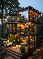A container home building on a plot of land. 2 storey modern container house, cafe or restaurant concept by photo