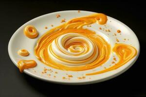 Aesthetic display of yellow and orange swirled frosting on a white plate photo