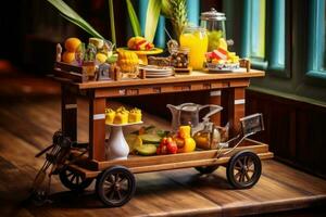 A Variety of Fresh Fruit, Juice, and Beverages on a Wooden Cart photo